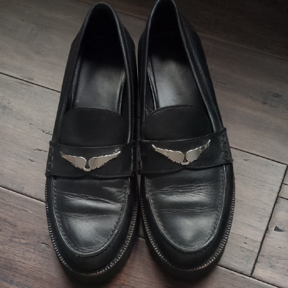 Zadig & Voltaire Black Leather Loafers with Silver Wing Hardware